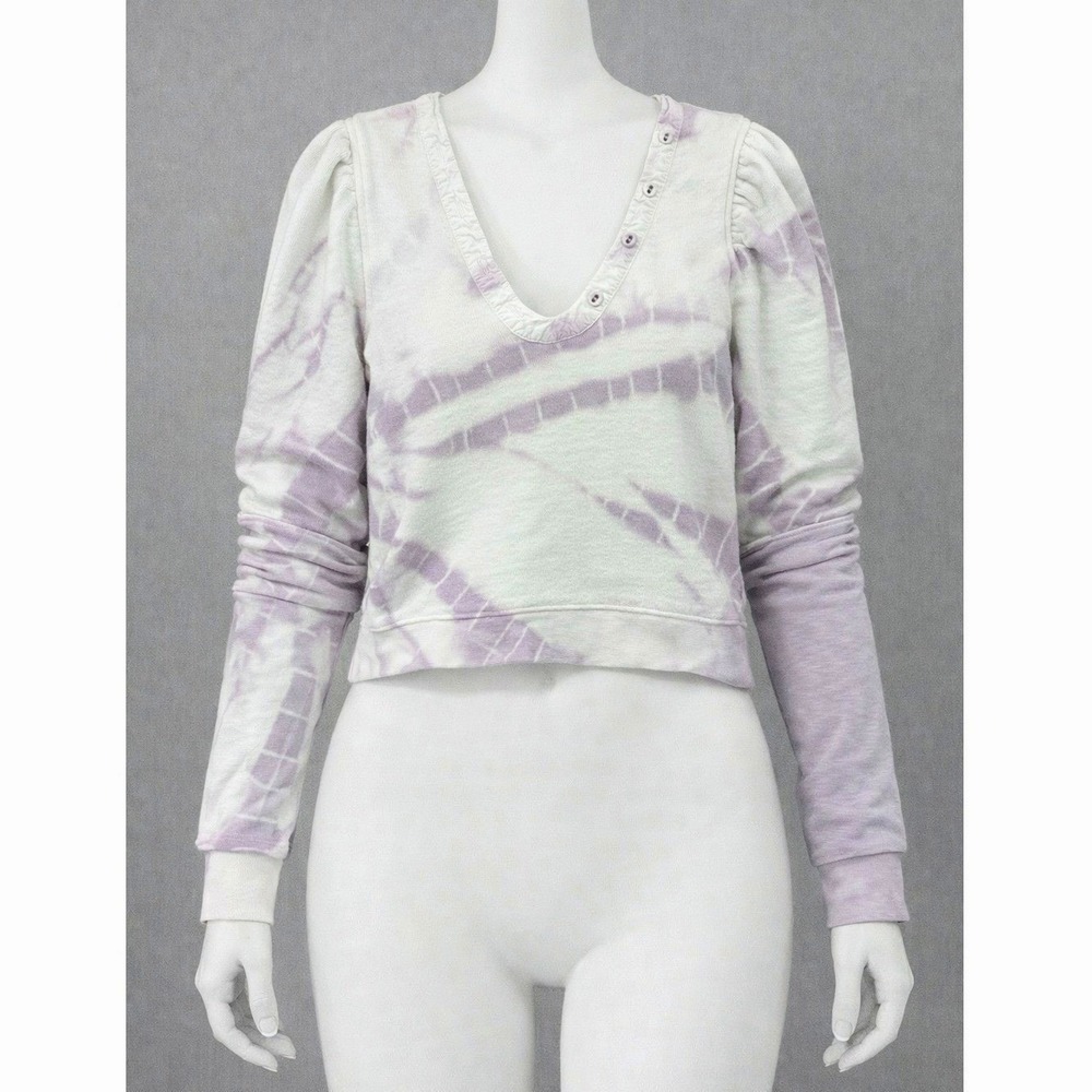 Ulla Johnson Sweatshirt Womens Petite 0 Purple Tie Dye Terry Puff Sleeve V Neck